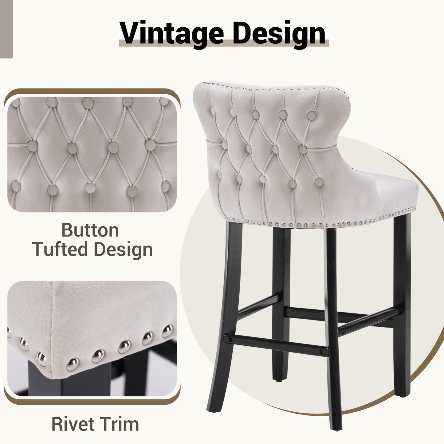 Velvet Barstools Set of 4, Contemporary Wing-Back Bar Chairs with Button Tufted and Chrome Nailhead Trim, Leisure Upholstered Bar Height Bar Stools with Wooden Legs, Beige
