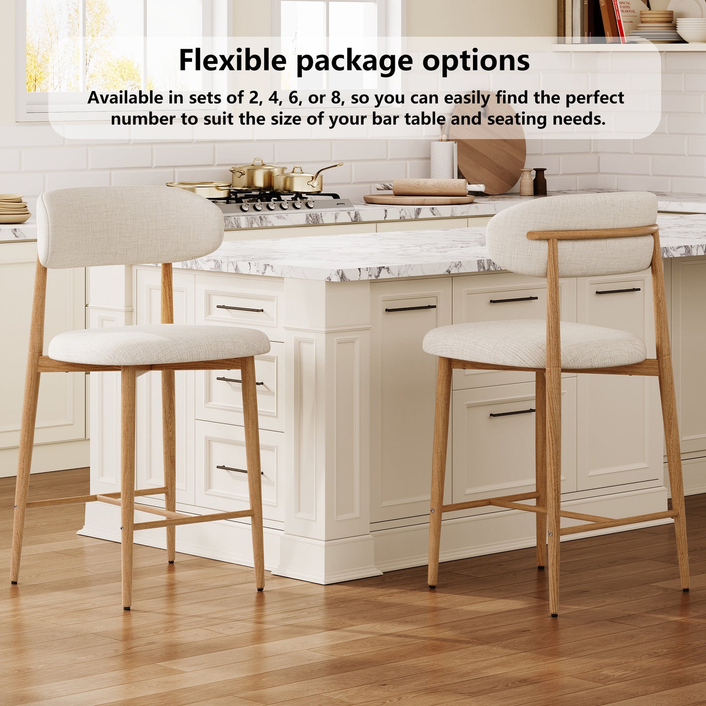 Bar Stool Set of 2, Legahome 26" Counter Height Bar Stool, Modern Farmhouse Upholstered Bar Stool with Curved Back & Wood-Grain Metal Legs for Kitchen Island Dining Room