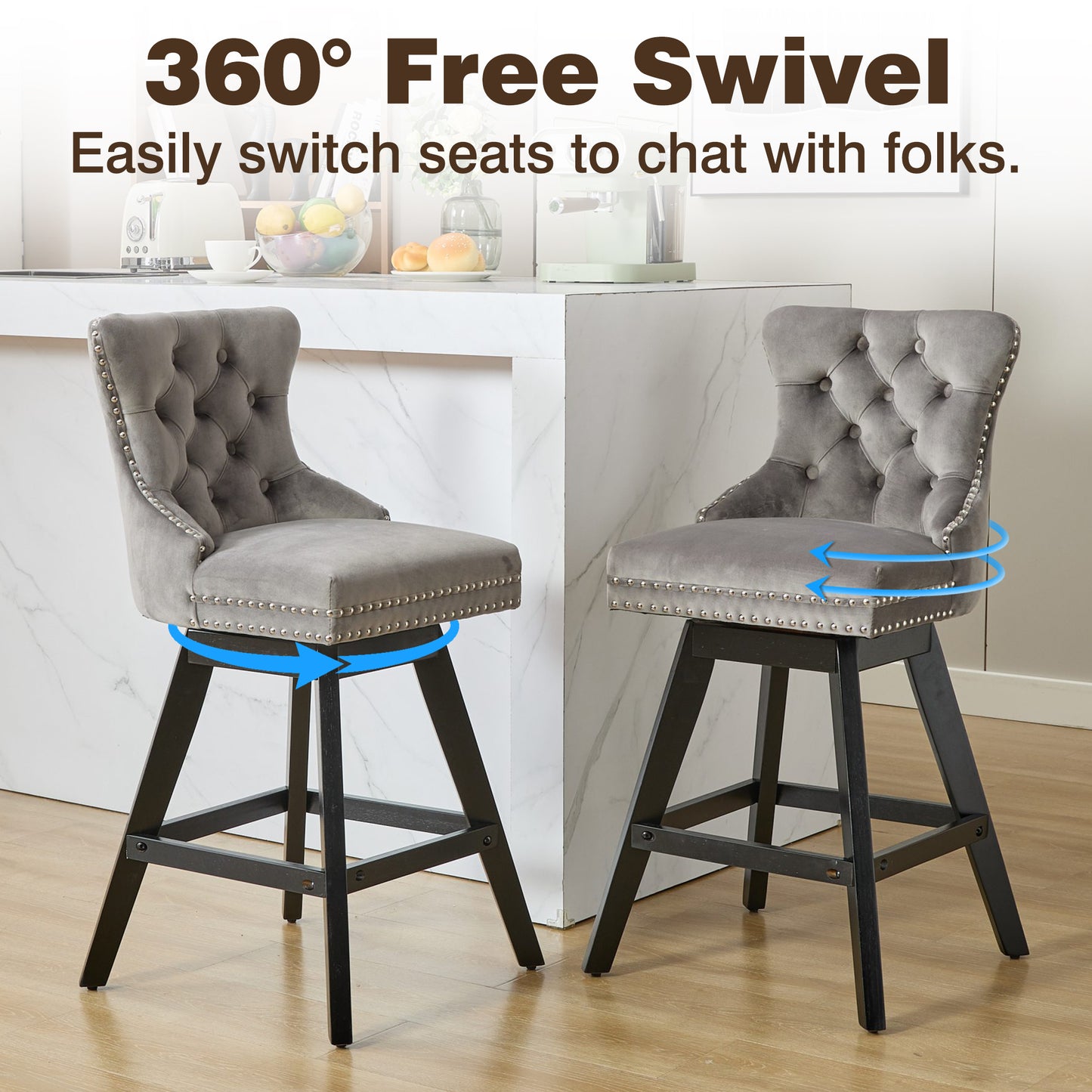 Swivel Bar Stools of 4, LEGAHOME 26"H Counter Height Swivel Barstools with Tufted Back, Velvet Upholstered Kitchen Barstool Chair for Island with Solid Wood Legs, Black (Set of 4)