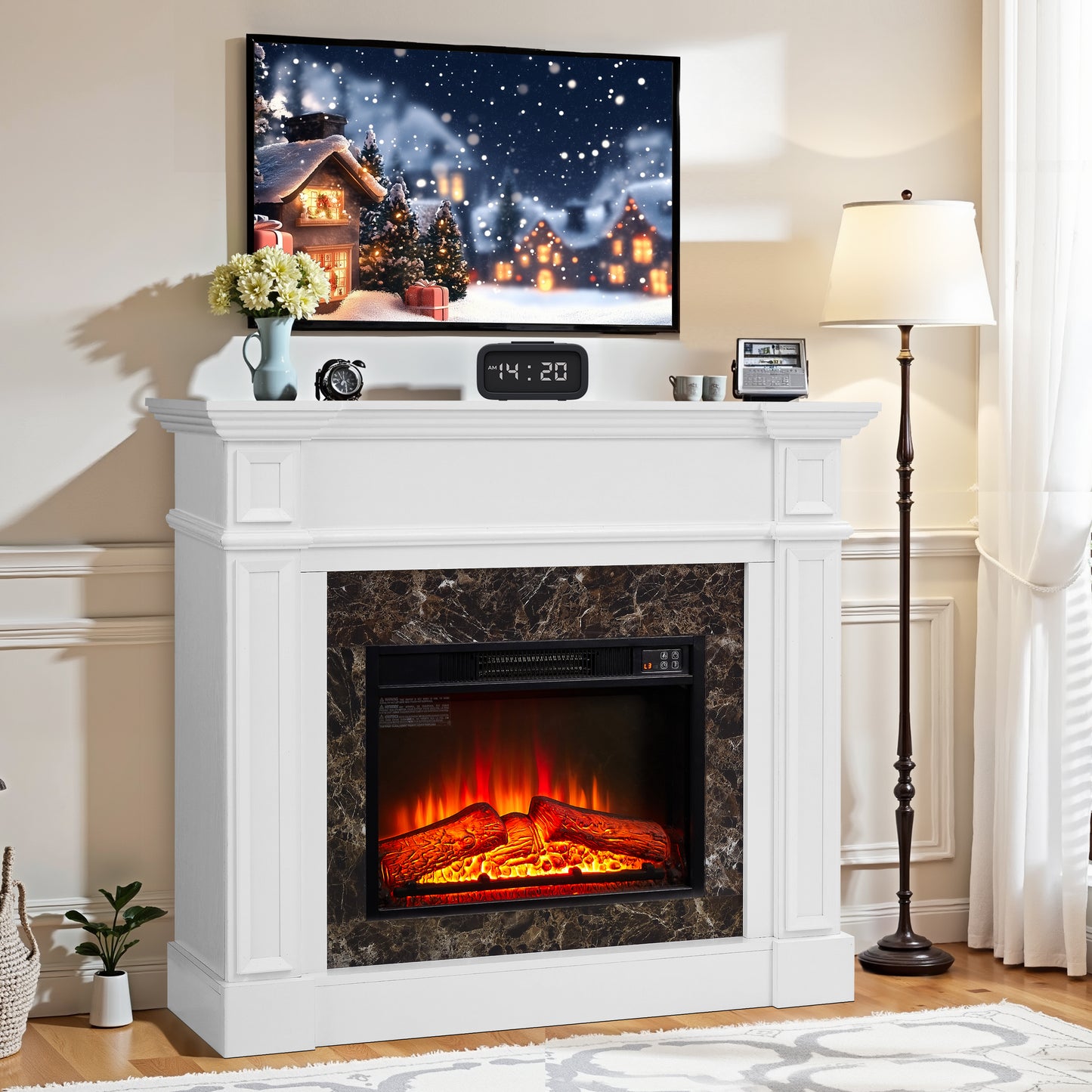 45''W Electric Fireplace with Mantel, Freestanding Fireplace Heater with Remote Control & Adjustable Flame, Fireplace TV Stand for 42 inch TV, Electric Fireplace Heater for Living Room Bedroom, White
