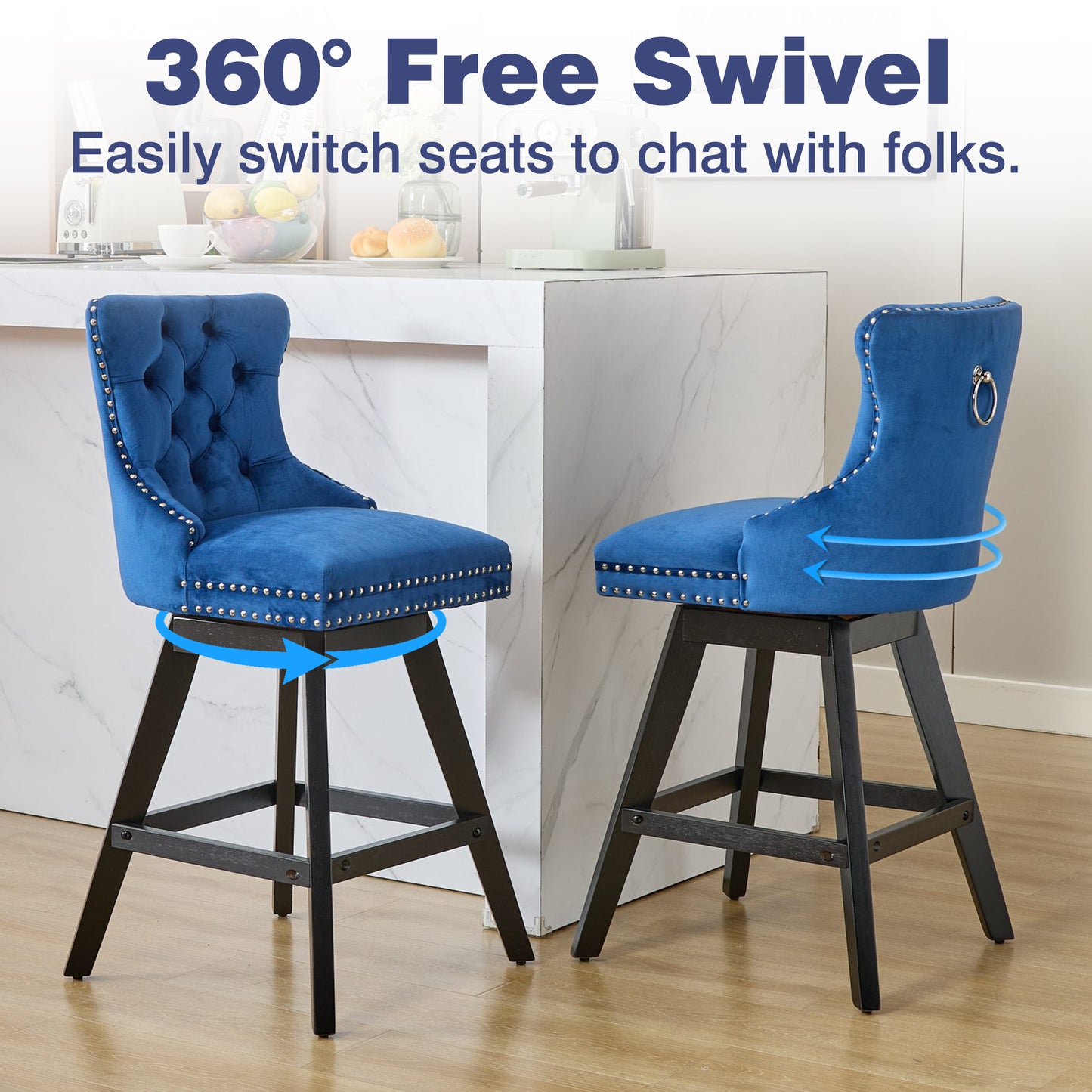 Swivel Bar Stools of 4, LEGAHOME 26"H Counter Height Swivel Barstools with Tufted Back, Velvet Upholstered Kitchen Barstool Chair for Island with Solid Wood Legs, Black (Set of 4)