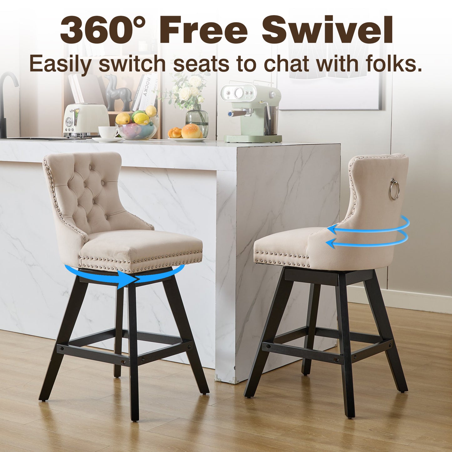 Swivel Bar Stools of 4, LEGAHOME 26"H Counter Height Swivel Barstools with Tufted Back, Velvet Upholstered Kitchen Barstool Chair for Island with Solid Wood Legs, Black (Set of 4)