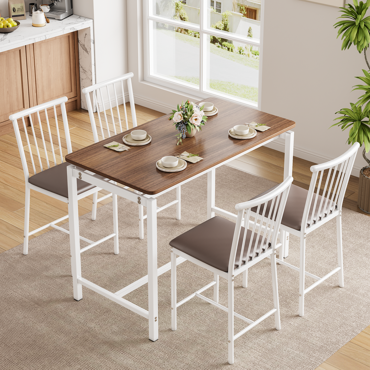 Dining Room Table Set for 4, LEGAHOME 5 Piece Bar Height Dining Table Set with 4 Stools, Pub Table and Chairs Set for Kitchen Dining Room, Gray Tabletop & White Frame