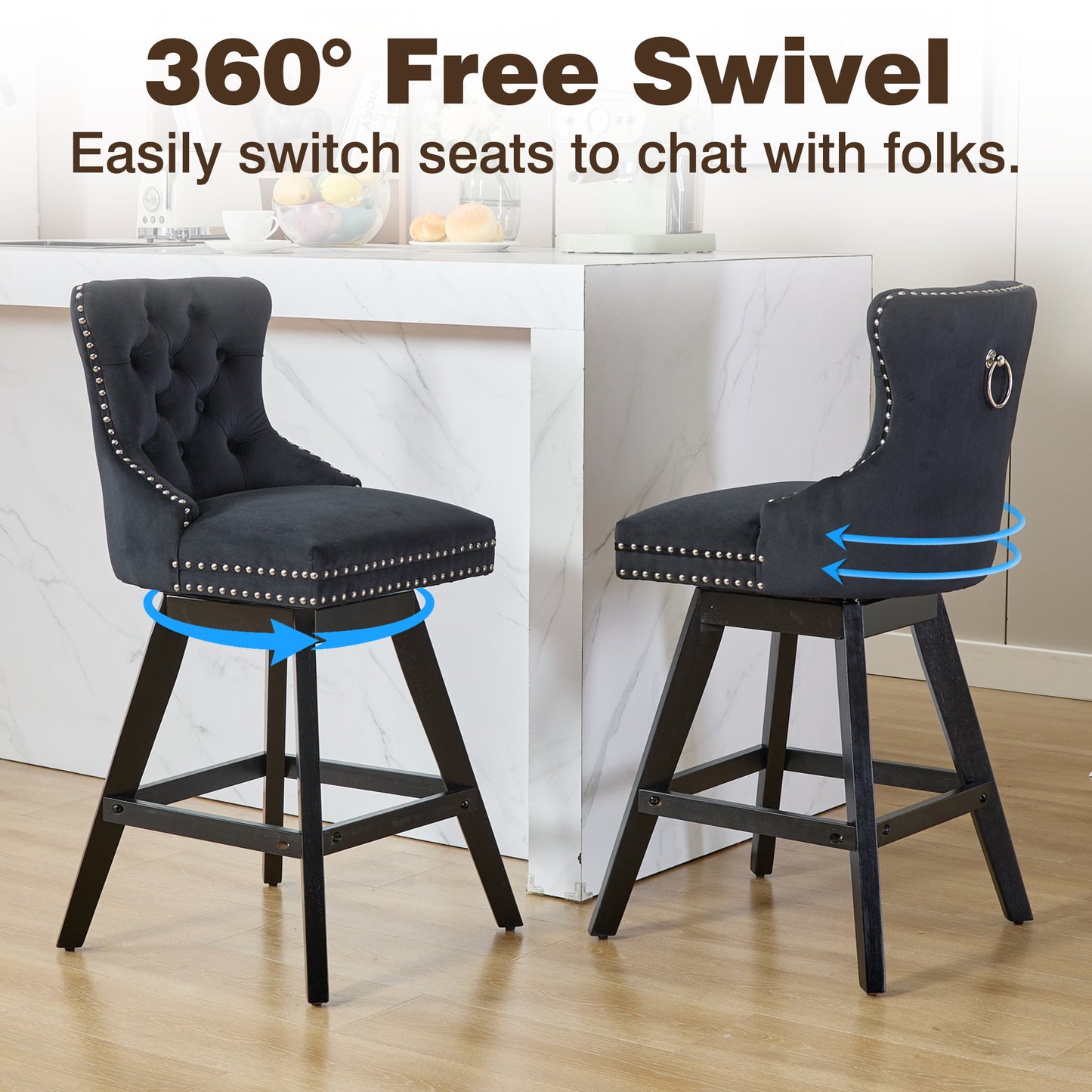 Swivel Bar Stools of 4, LEGAHOME 26"H Counter Height Swivel Barstools with Tufted Back, Velvet Upholstered Kitchen Barstool Chair for Island with Solid Wood Legs, Black (Set of 4)