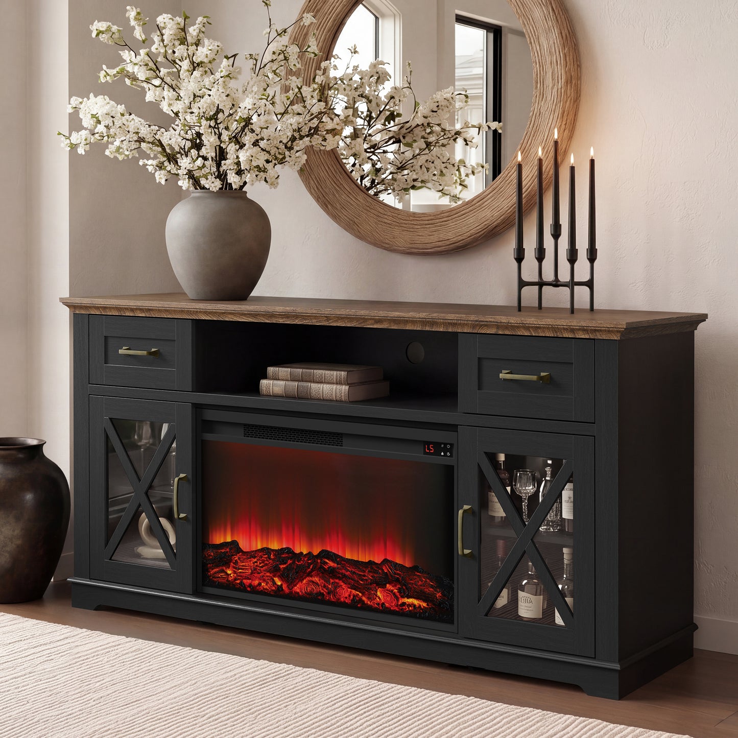 Fireplace TV Stand for 70inch TVs, LEGAHOME Modern 63" TV Stand with 30" Fireplace, Entertainment Center with Storage Drawers, Brown Tabletop and White Cabinet