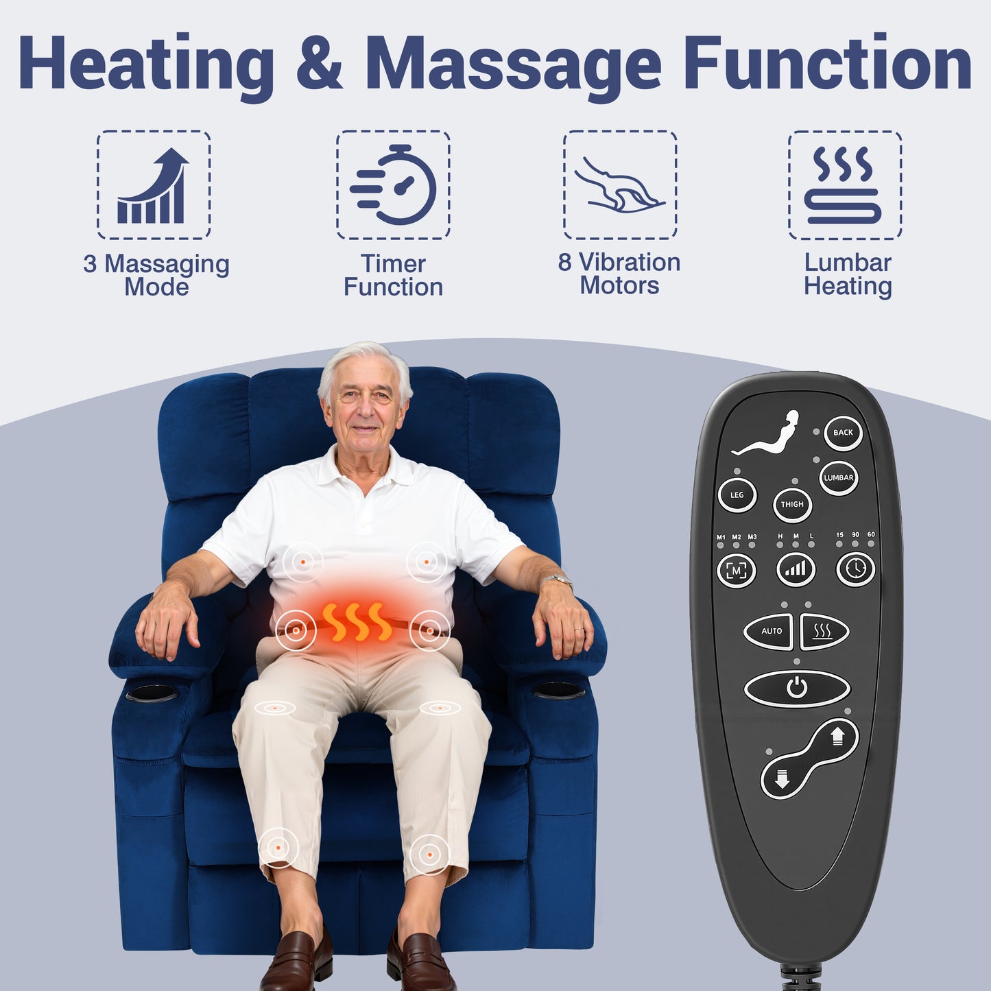 26in Oversized Lift Chair for Elderly, LEGAHOME Power Lift Recliner Chair with Heat and Massage, Velvet Fabric Massage Recliner for Adults, Blue