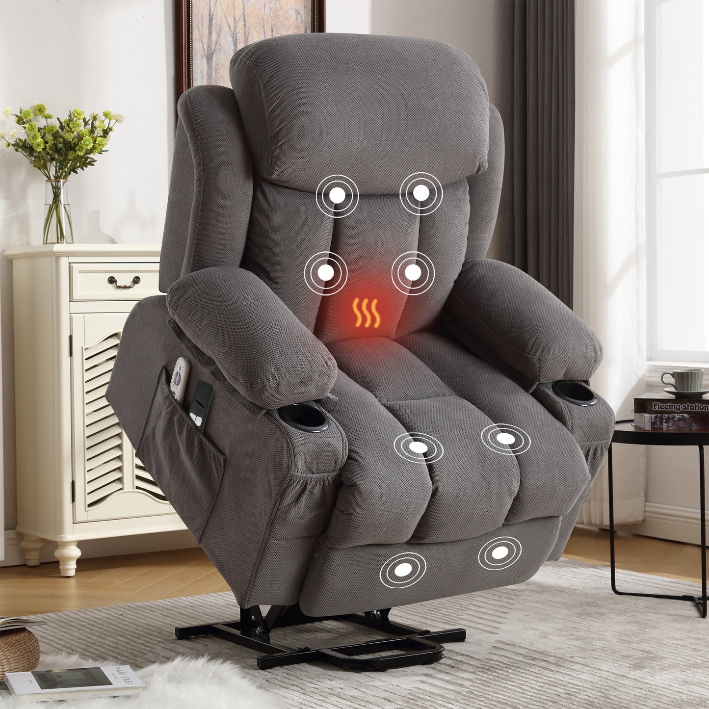Power Lift Recliner Chair, Legahome Recliners for Elderly with Heat and Massage, Electric Lift Elderly Sofa for Living Room, with Cuper Holder, Pocket, USB Port, 330lbs Weight Capacity, Beige