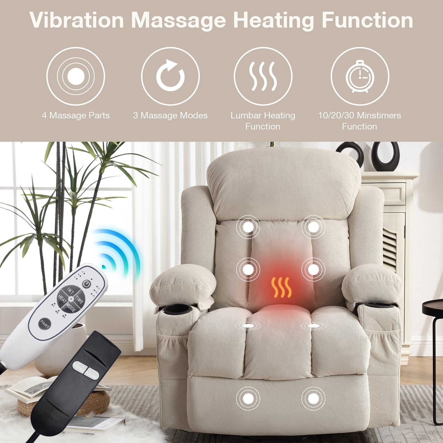 Power Lift Recliner Chair, Legahome Recliners for Elderly with Heat and Massage, Electric Lift Elderly Sofa for Living Room, with Cuper Holder, Pocket, USB Port, 330lbs Weight Capacity, Beige
