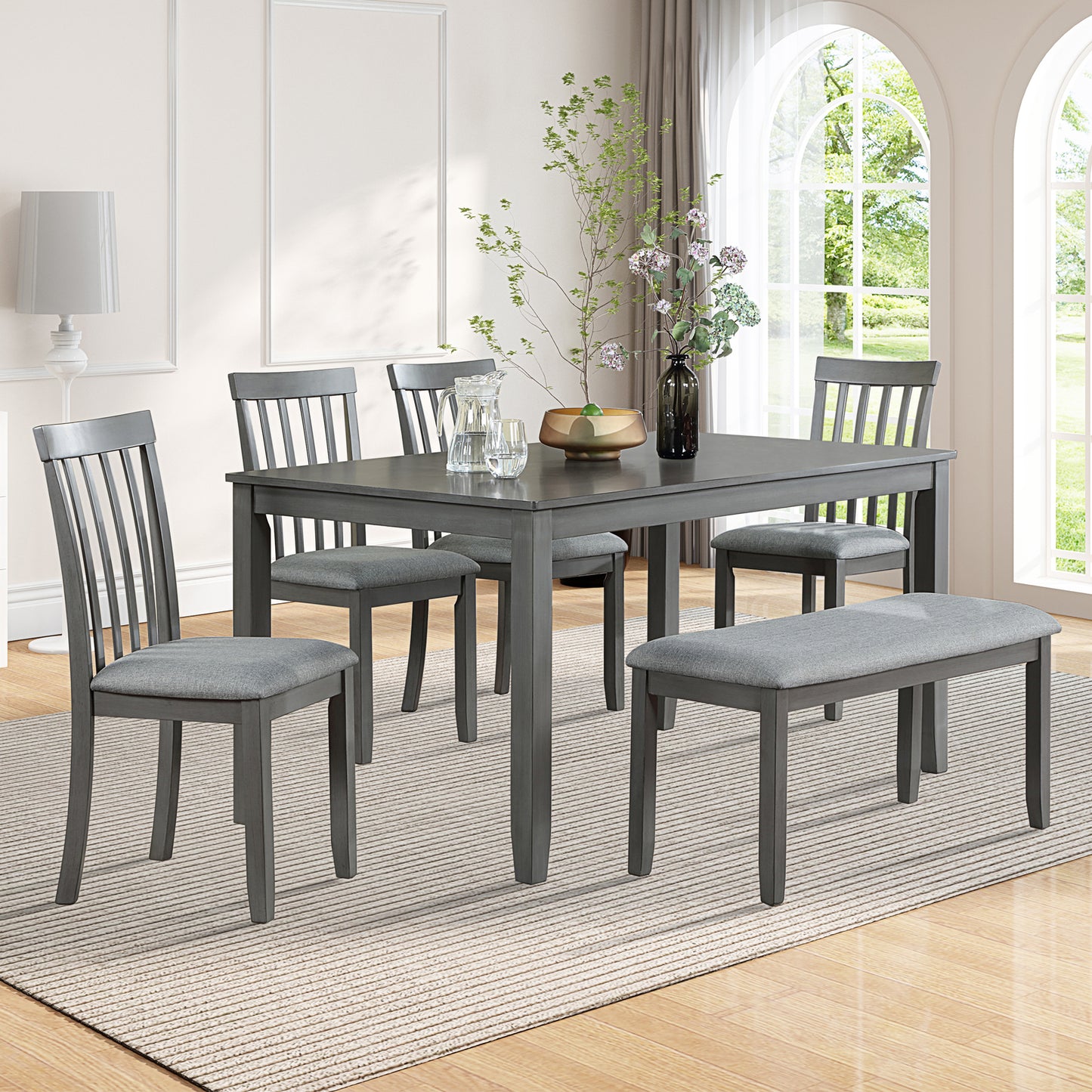 6 Pieces Dining Table Set, Farmhouse Wood Kitchen Table Set for 6 with Bench and 4 Cushioned Chairs, Farmhouse Rectangular Kitchen Dining Table and Chair Set for Dining Room, Gray