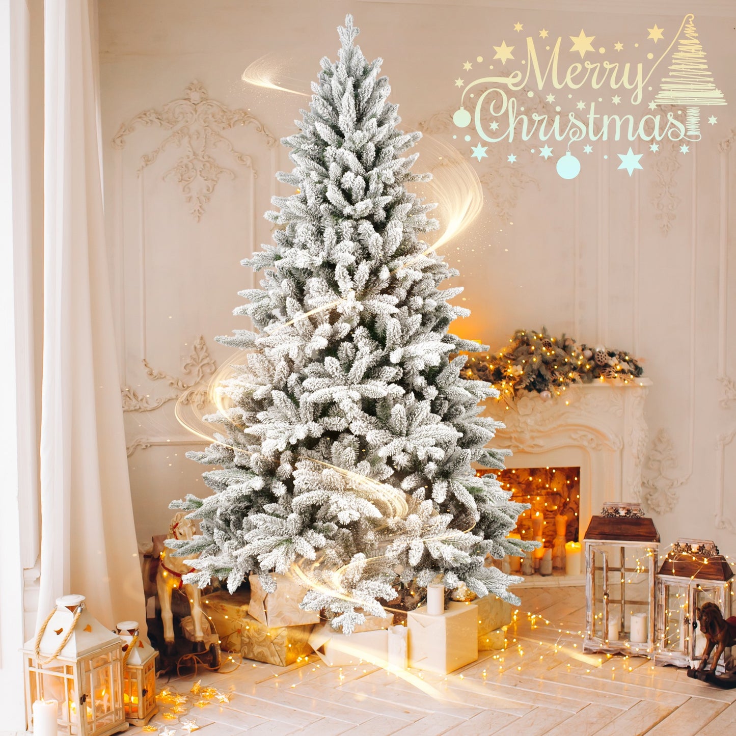 Christmas Tree, Flocked Artificial Christmas Tree with Branch Tips, Hinged Xmas Tree with Sturdy Stand for Holiday Decor