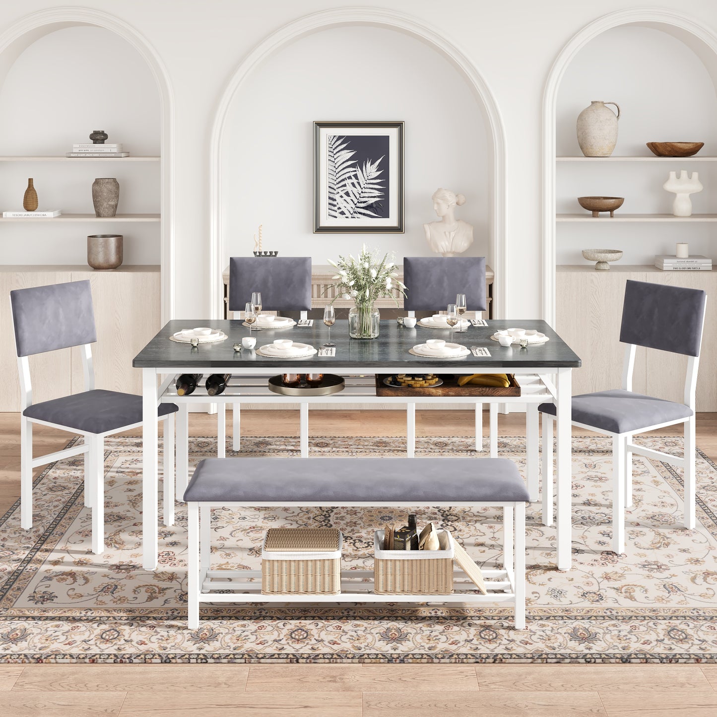 6 Piece Dining Set with Bench, Farmhouse Rectangular Dining Table Set for 6, Solid Wood Dining Room Set with Bench and Chair, Kitchen Furniture Kitchen Dining Set for Home Dinner, White