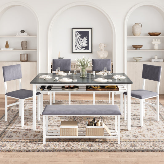6 Piece Dining Set with Bench, Farmhouse Rectangular Dining Table Set for 6, Solid Wood Dining Room Set with Bench and Chair, Kitchen Furniture Kitchen Dining Set for Home Dinner, White