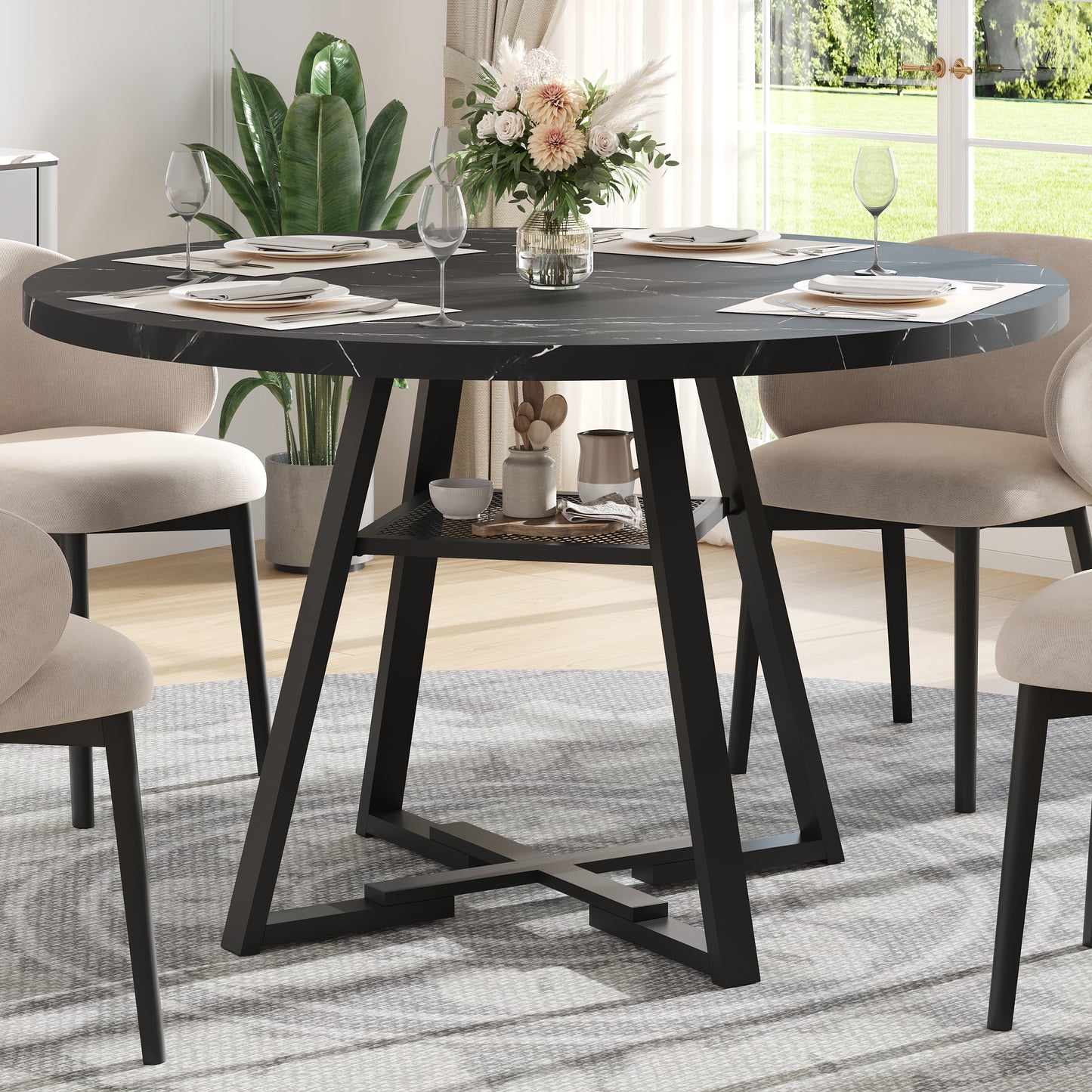 LEAGHOME 43.3in Round Dining Table for 4 Person, Faux Marble Kitchen Table with Metal Base Seats 4, Modern Dining Room Table with Storage Rack for Kitchen, White (Only Table)