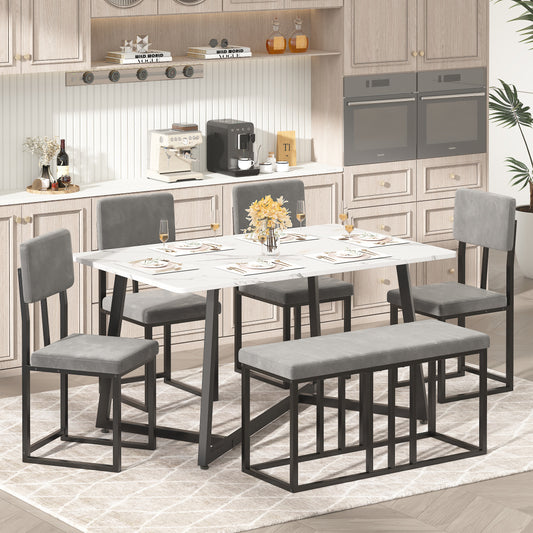 Dining Table Set for 6, Modern Faux Marble Dining Room Table Sets with 4 Leatherette Chairs&1 Bench, Rectangular Kitchen Table and Chairs Set for Apartment, Space Saves White Table and Velvet Chairs