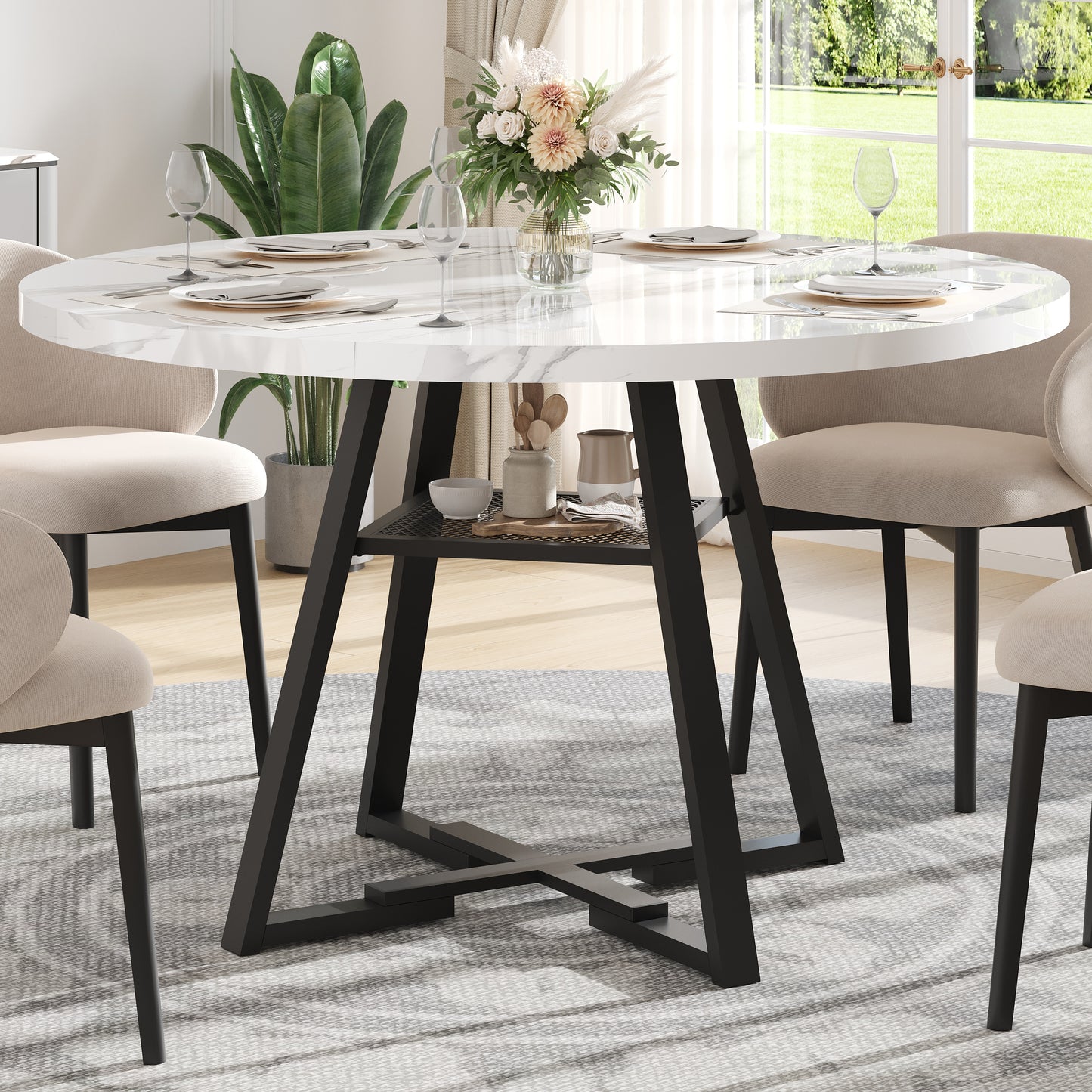 LEAGHOME 43.3in Round Dining Table for 4 Person, Faux Marble Kitchen Table with Metal Base Seats 4, Modern Dining Room Table with Storage Rack for Kitchen, White (Only Table)