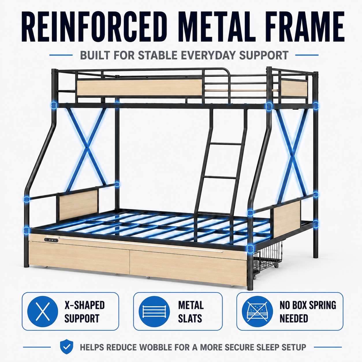 Twin Over Full Bunk Beds, LEGAHOME Heavy-Duty Metal Bunk Bed with 2 Drawers, Charging Station and LED Lights, 350lbs Capacity Space-Saving Bunk Beds for Teens, Black
