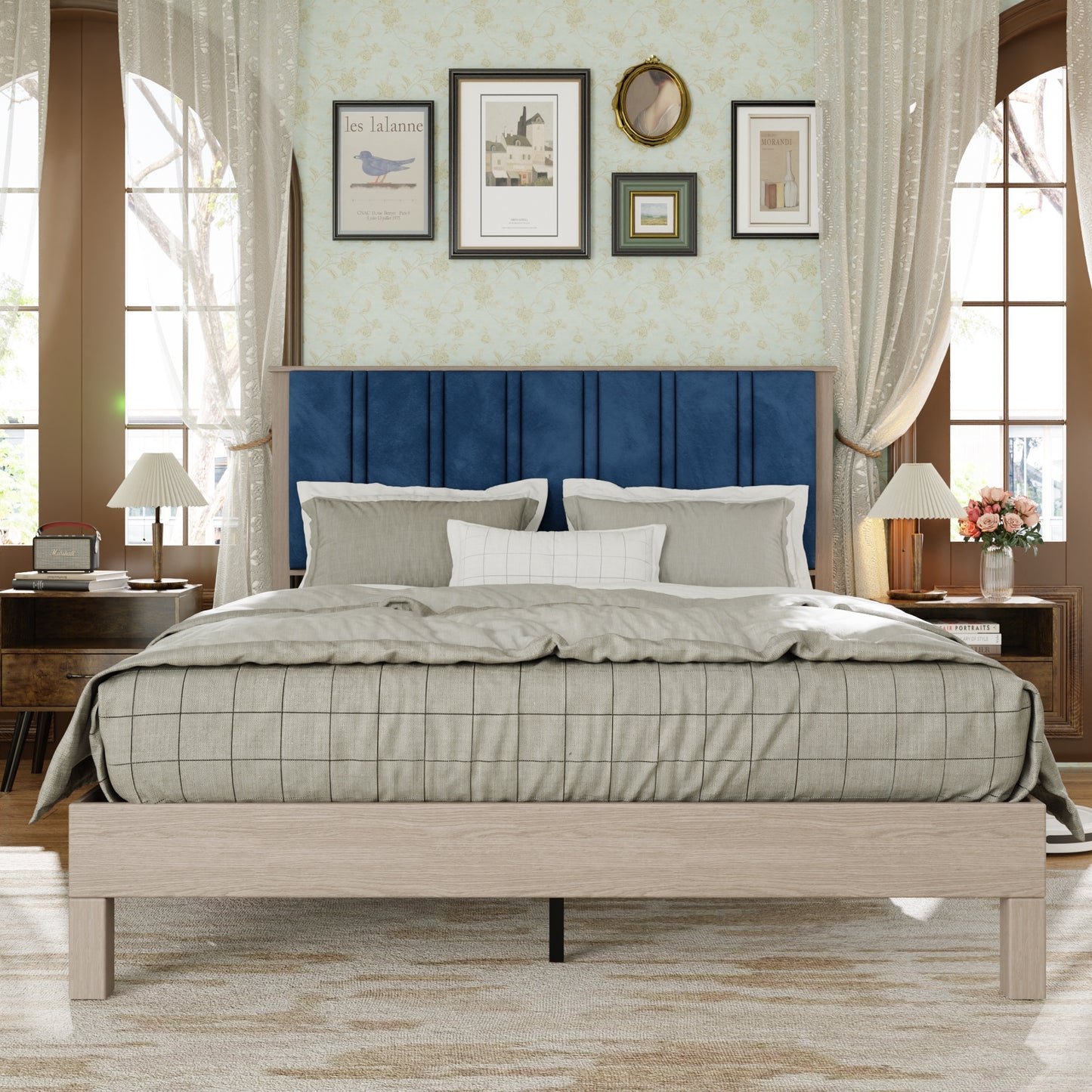 Full Wood Bed Frame with Upholstered Headboard, Classic Platform Bed Frame with Durable Wood Slats, No Box Spring Needed