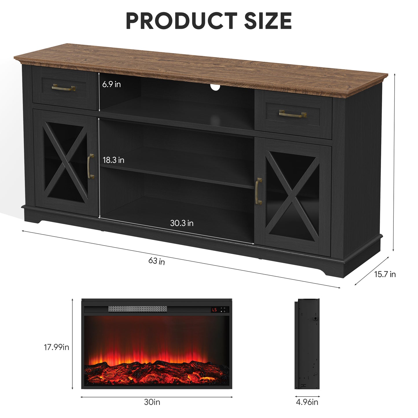 Fireplace TV Stand for 70inch TVs, LEGAHOME Modern 63" TV Stand with 30" Fireplace, Entertainment Center with Storage Drawers, Brown Tabletop and White Cabinet