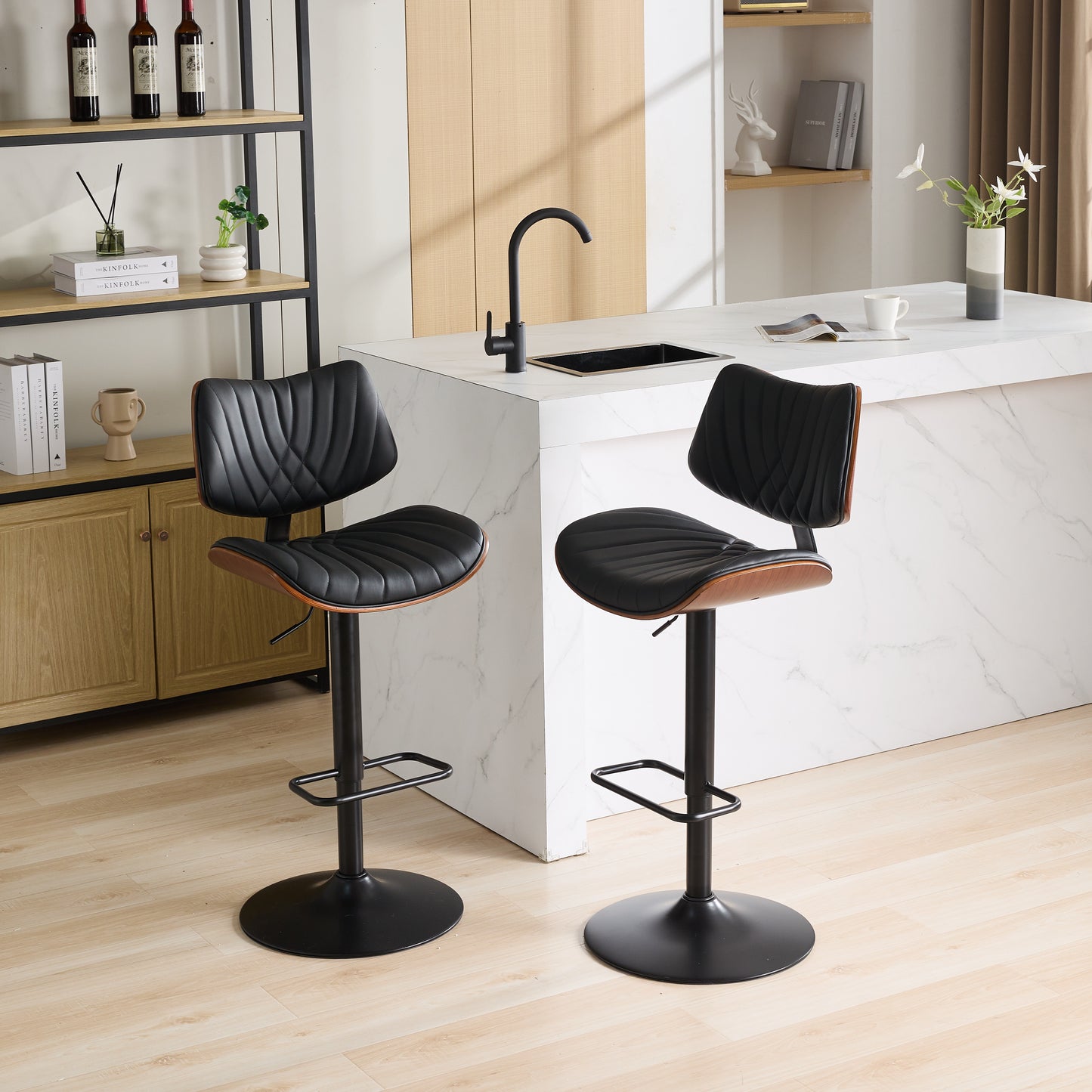 Modern Upholstered Bar Stool, Walnut Adjustable Counter Height Barstool with Back, Armless 360°Swivel Pub Stool with Footrest, Beige