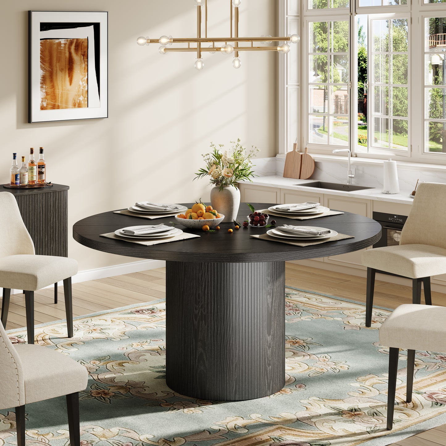 47.5in Round Dining Table, LEGAHOME Wood Round Table for 6, Kitchen Dining Table with Pedestal Base for Dining Room, Brown(Only Table)