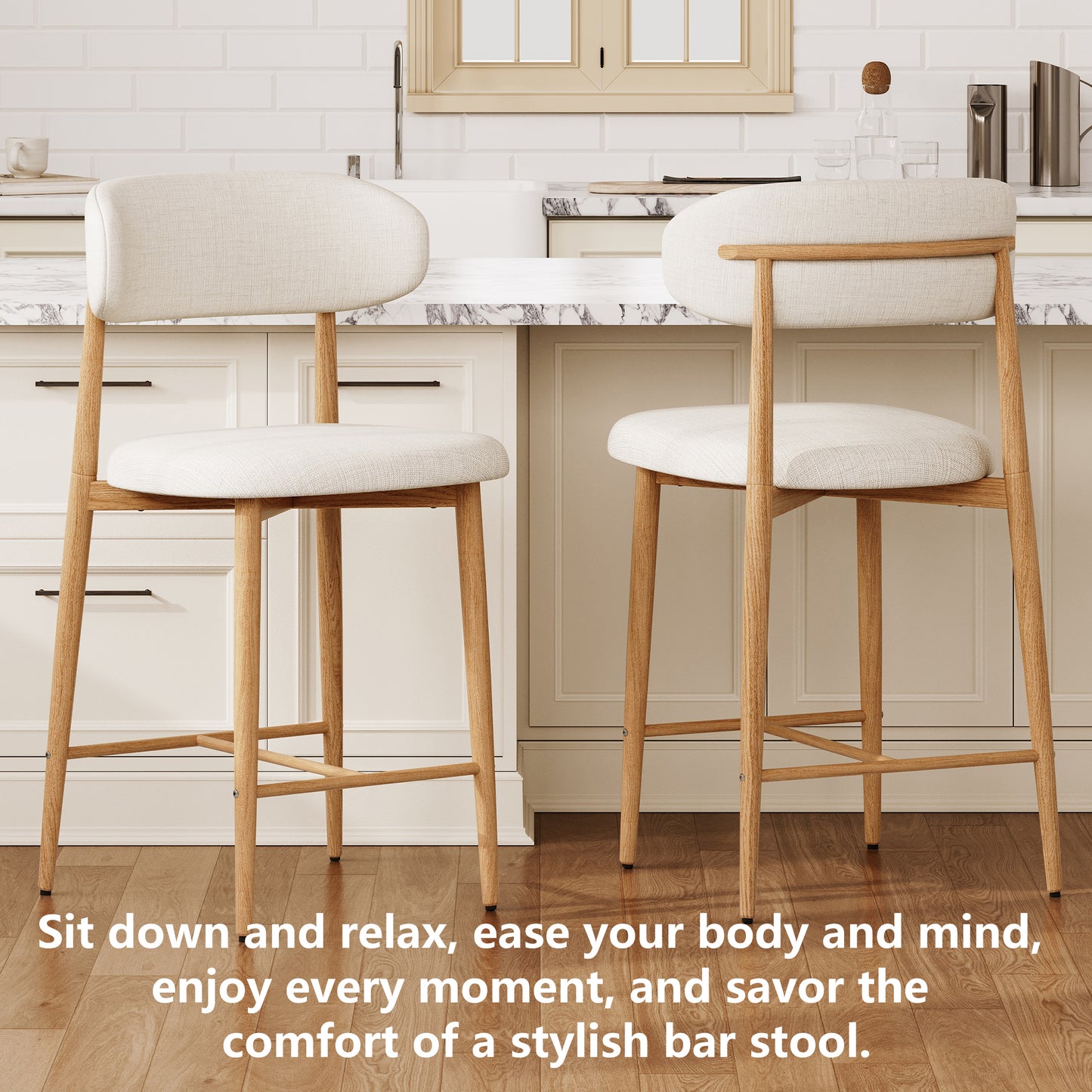 Bar Stool Set of 2, Legahome 26" Counter Height Bar Stool, Modern Farmhouse Upholstered Bar Stool with Curved Back & Wood-Grain Metal Legs for Kitchen Island Dining Room