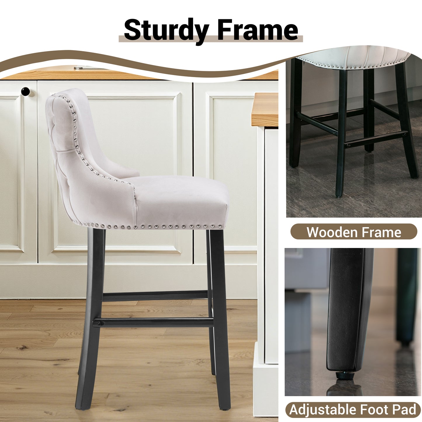 Velvet Barstools Set of 4, Contemporary Wing-Back Bar Chairs with Button Tufted and Chrome Nailhead Trim, Leisure Upholstered Bar Height Bar Stools with Wooden Legs, Beige