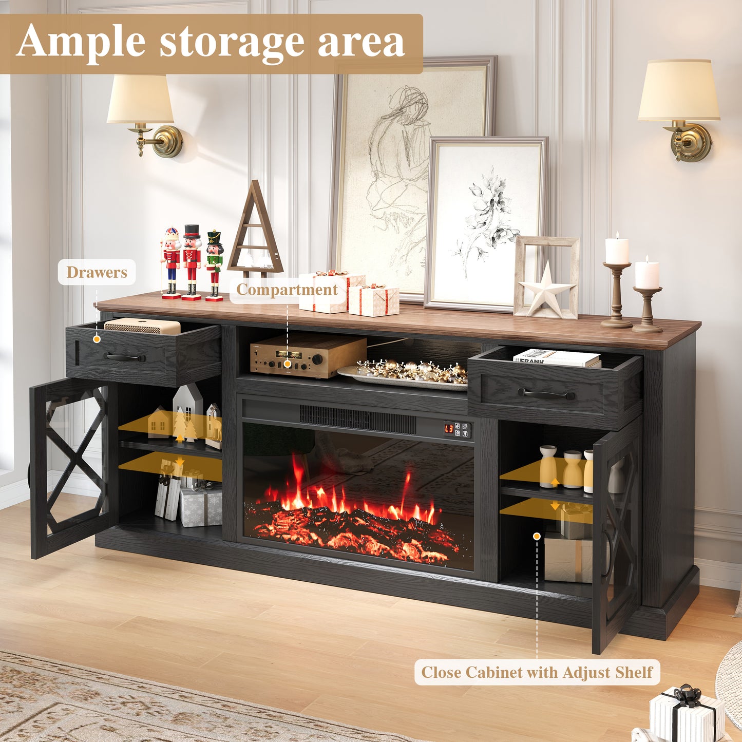 Fireplace TV Stand, LEGAHOME 70in TV Stand with 30in Fireplace for 80 inch TVs, Farmhouse Entertainment Center for Living Room, 500Sqt Heating Area, Black