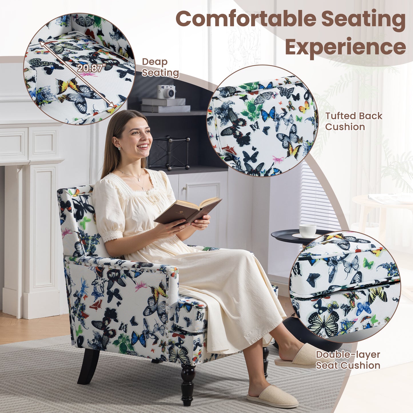 LEGAHOME Vintage Accent Chair, Upholstered Armchair with Nailhead Trim, Linen Fabric Arm Chair Comfort Reading Chair Lounge Chair for Living Room Bedroom Sunroom, Blue(1PC)