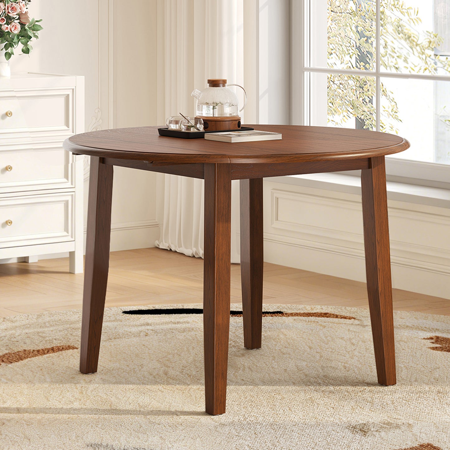 Drop Leaf Dining Table, Legahome 42" Extendable Round Kitchen Table for 4, Solid Wood Folding Dining Table, Dining Room Table Dinner Table for Kitchen, Breakfast Nook,