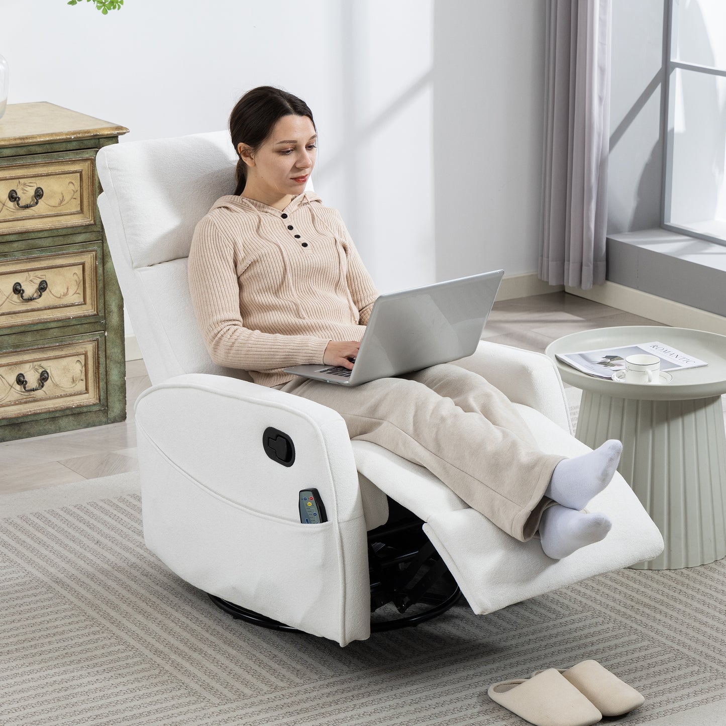 Rocker Recliner with Heat and Massage, Velvet Upholstered 360° Swivel Rocking Recliner, Small Rocker Recliner with Side Pockets for Small Space, Rocking Chair for Nursery Home Theater