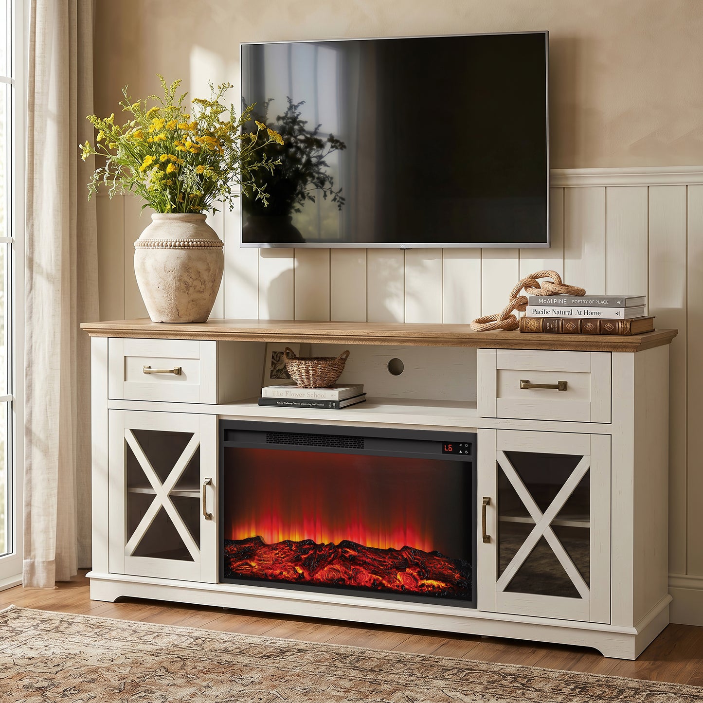 Fireplace TV Stand for 70inch TVs, LEGAHOME Modern 63" TV Stand with 30" Fireplace, Entertainment Center with Storage Drawers, Brown Tabletop and White Cabinet