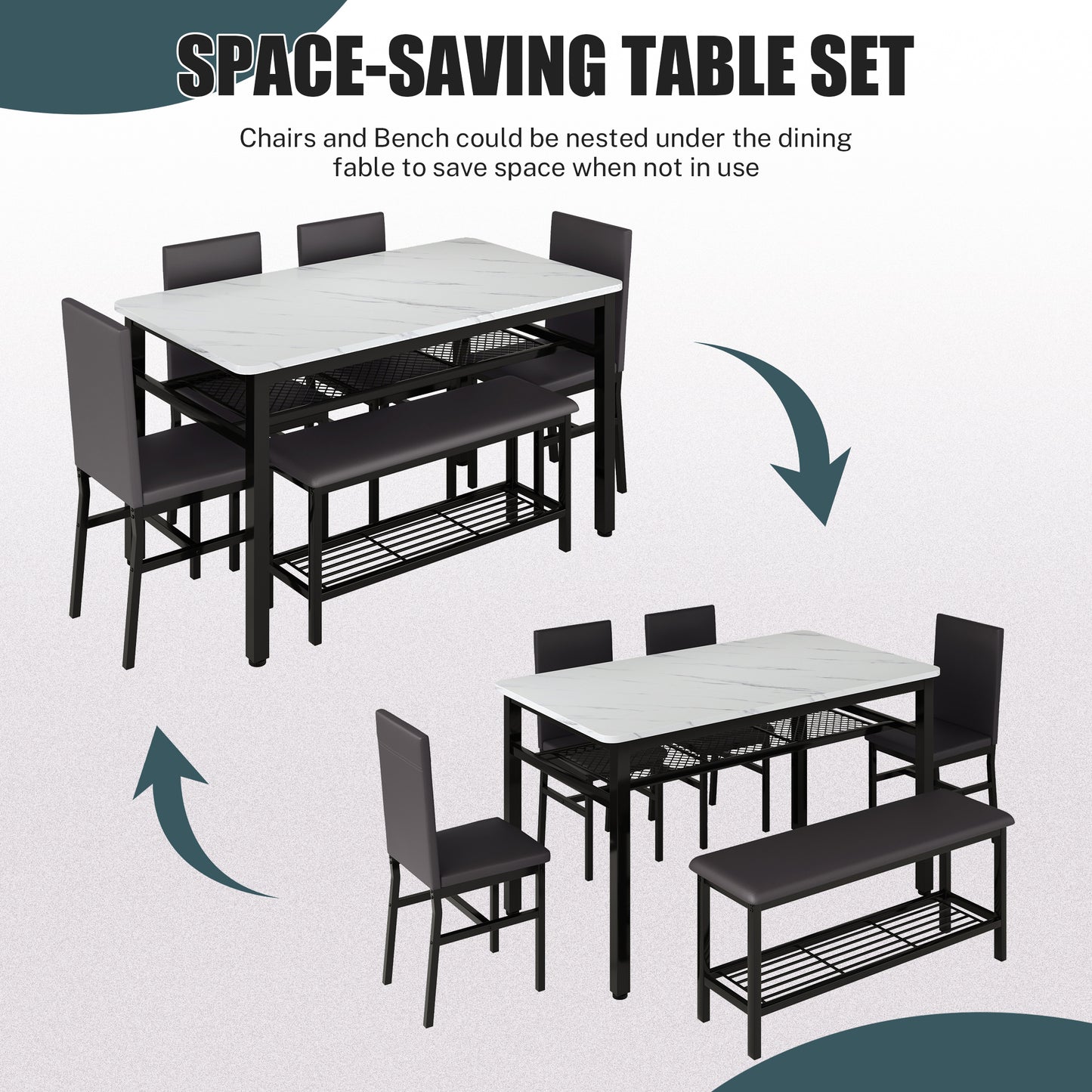 Legahome Dining Table Set for 6, Modern 6 Piece Dining Room Set with Bench, Kitchen Table and Chairs Set for Breakfast Nook with PU Leather Upholstered Chairs, Brown