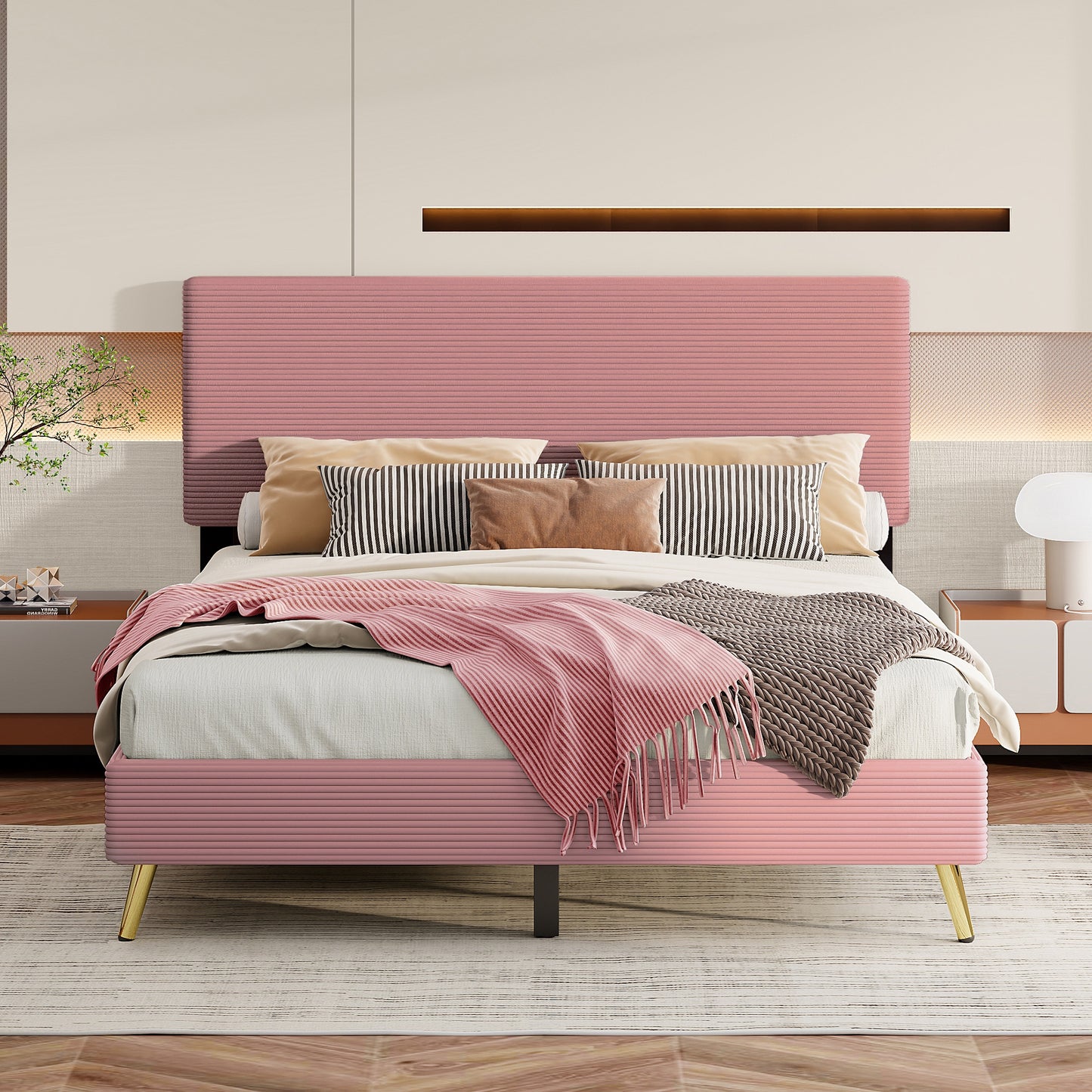 Queen Upholstered Bed Frame, Wood Corduroy Platform Bed with Horizontal Stripe Headboard and Metal Legs, Modern Queen Bed Frame for Teens Adults, Beige