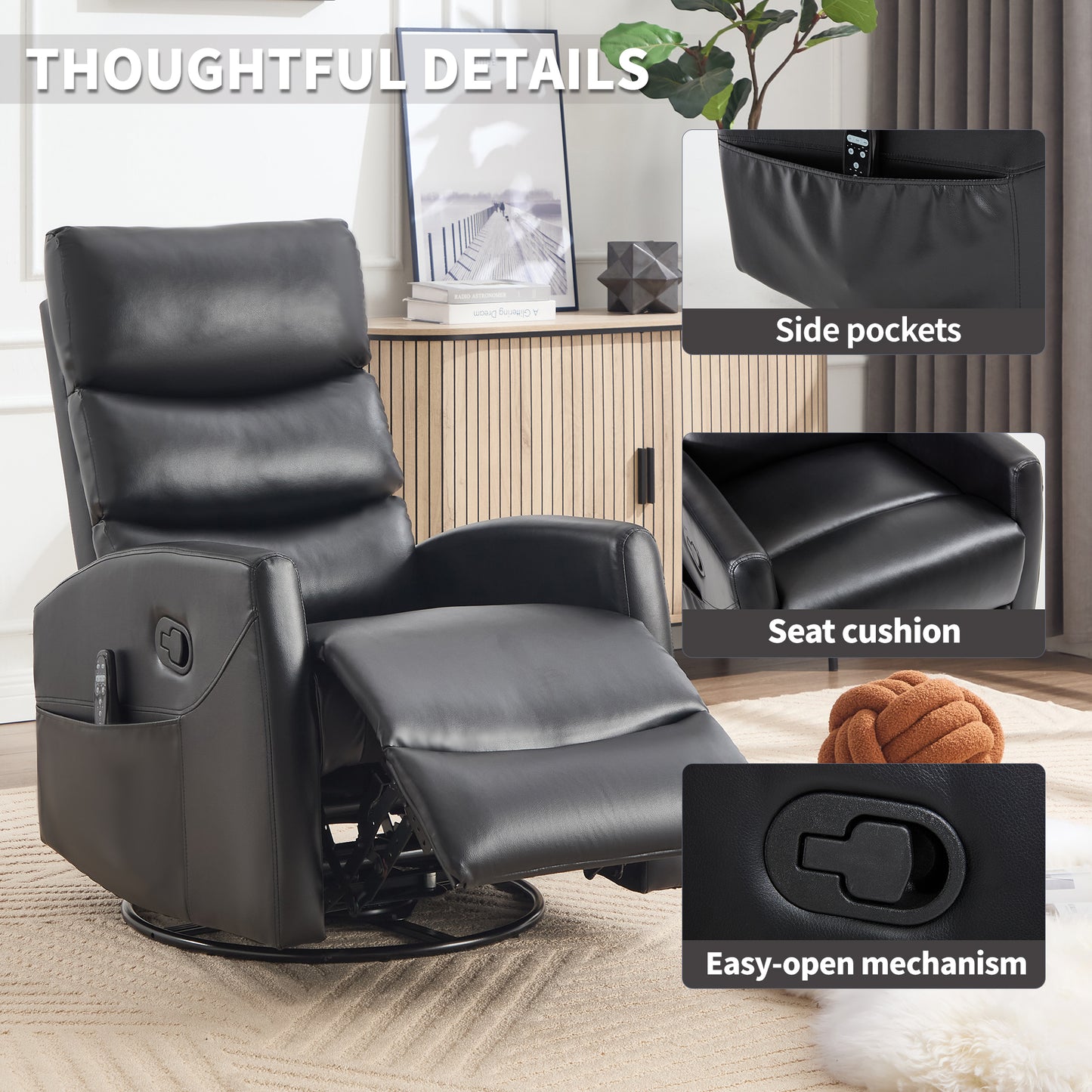 Swivel Rocker Recliner, 360° Swivel Glider Chair with Heat and Massage, Manual Recliner Nursery Chair with Side Pockets for Living Room, PU Leather, Red