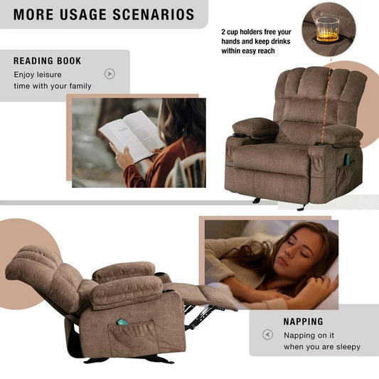 LegaHome Massage Recliner Chair, Brown Fabric Manual Reclining Sofa with Heat Therapy, Massage Function, Rocking Function, Cup Holder and Side Pocket, Heavy Duty Rocker Sofa for Elderly Home Theater