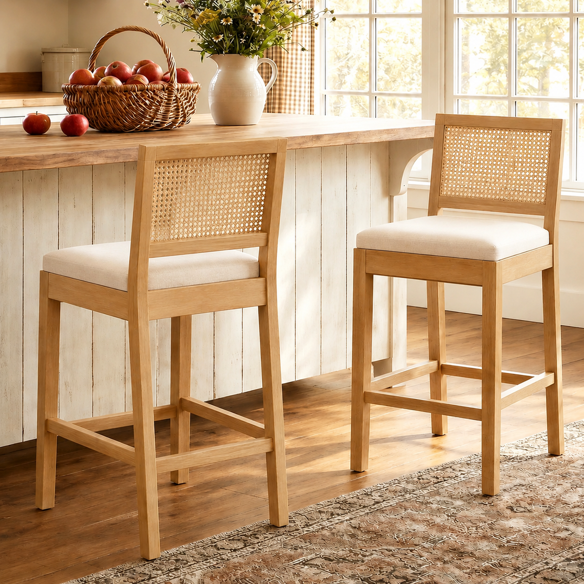 Bar Stools Set of 2, Legahome 28" Bar Height Bar Stool, Farmhouse Linen Upholstered Bar Stool with Rattan-Back, Boho Solid Wood Bar Stools Set for Kitchen Island Dining Room