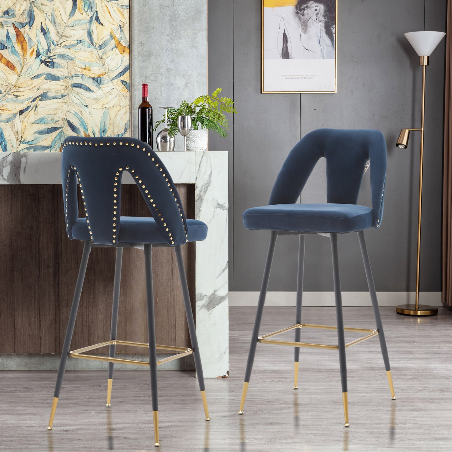 Counter Height Bar Stools Set of 2, Velvet Upholstered Bar Chairs with Nailheads & Gold Tipped Black Metal Legs, Beige