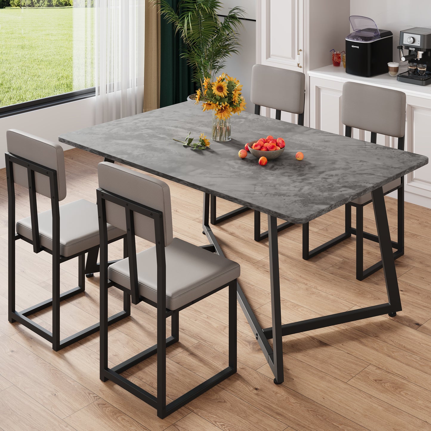 Dining Table Set for 4, 5 Piece Kitchen Table and Chairs Set, Rectangle Brown Tabletop and Brown Leather Chairs Set, Small Space Dining Room Set for Apartment