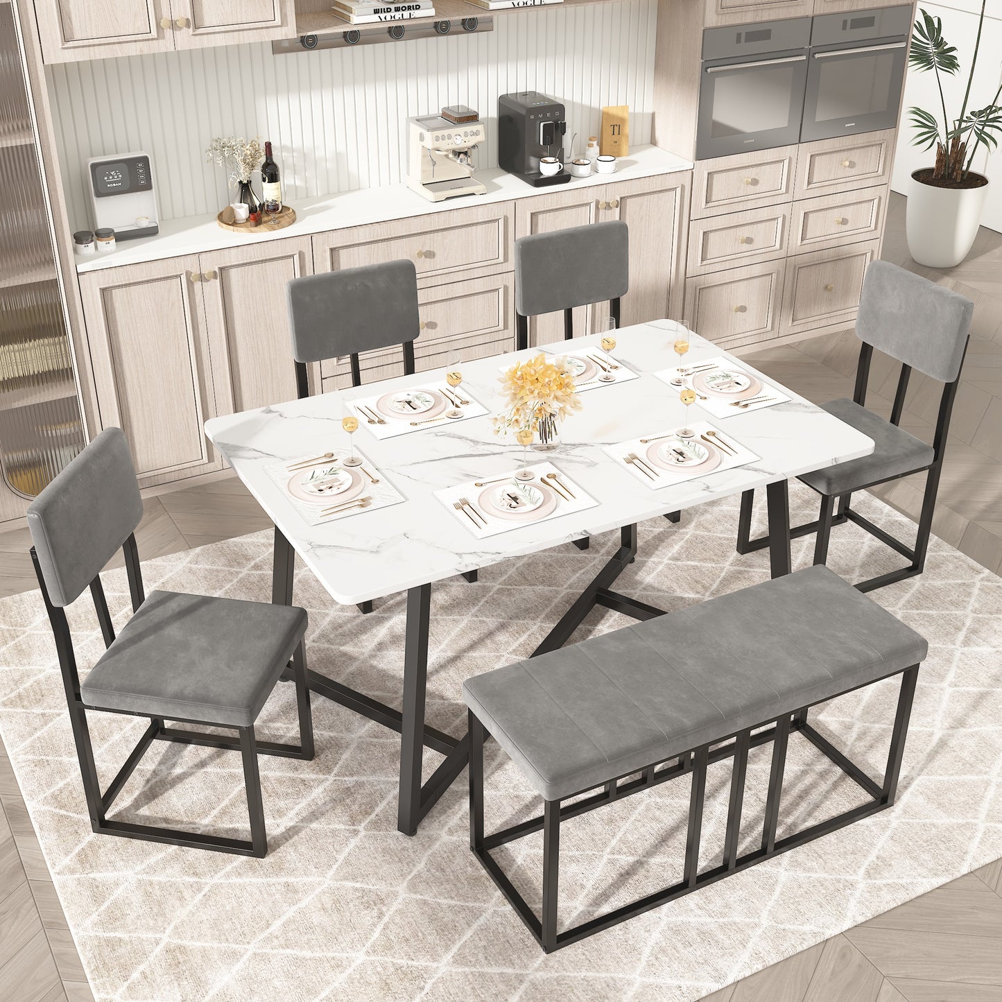 Dining Table Set for 6, Modern Faux Marble Dining Room Table Sets with 4 Leatherette Chairs&1 Bench, Rectangular Kitchen Table and Chairs Set for Apartment, Space Saves White Table and Velvet Chairs