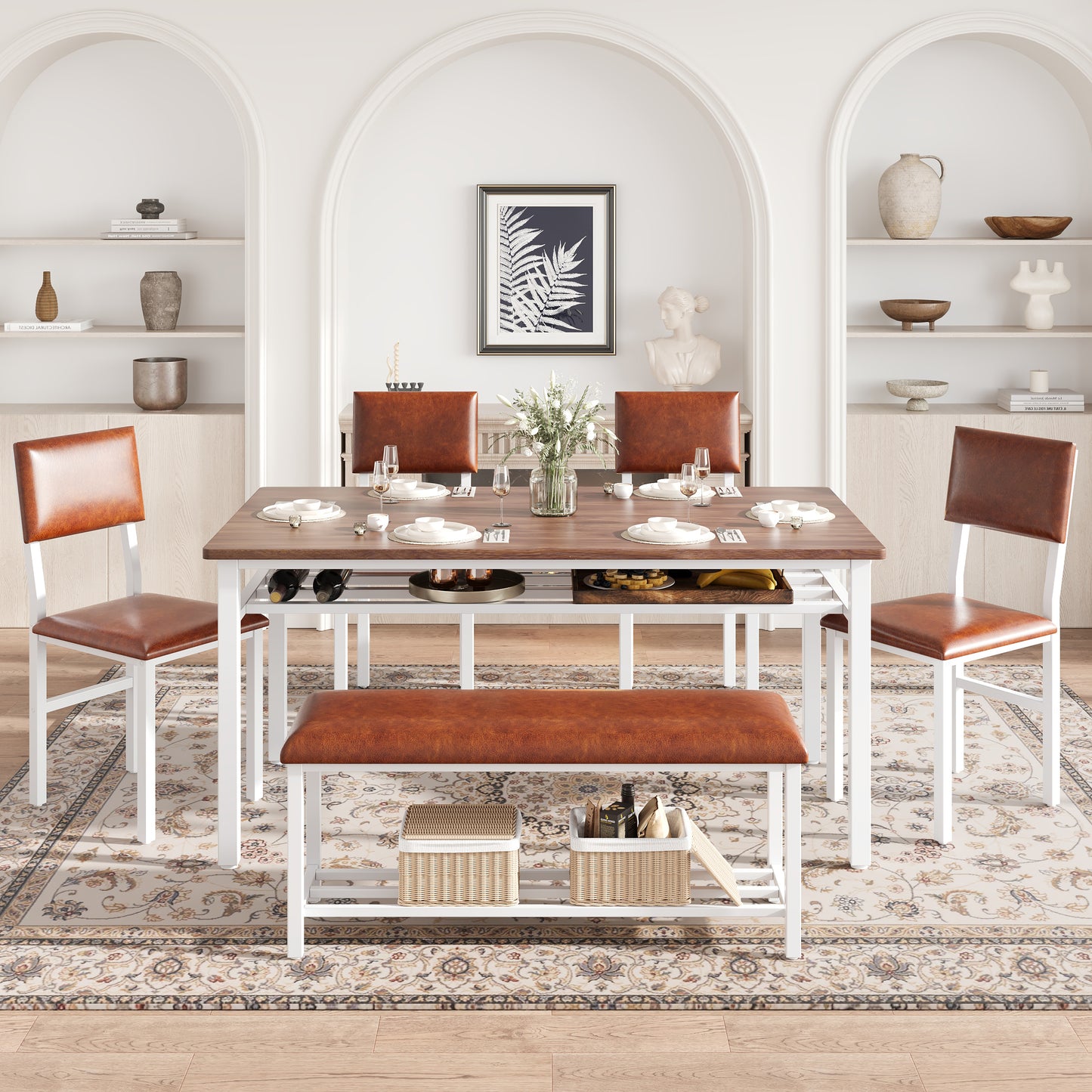 6 Piece Dining Set with Bench, Farmhouse Rectangular Dining Table Set for 6, Solid Wood Dining Room Set with Bench and Chair, Kitchen Furniture Kitchen Dining Set for Home Dinner, White