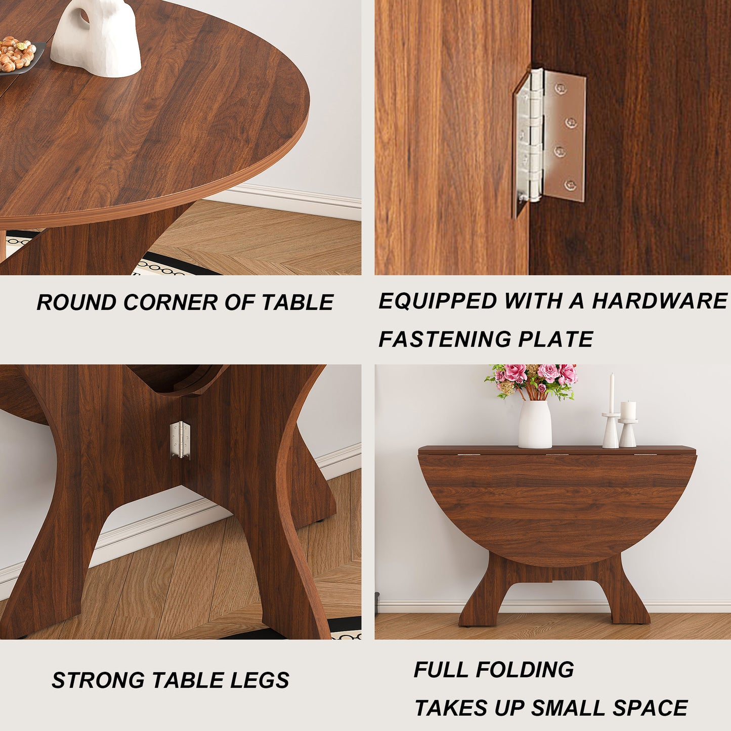 Folding Dining Table, Legahome 43" Round Kitchen Table for 4, Space Saving Foldable Wooden Dining Table, Compact Expandable Dinner Table for for Small Spaces, Apartment & Dining Room