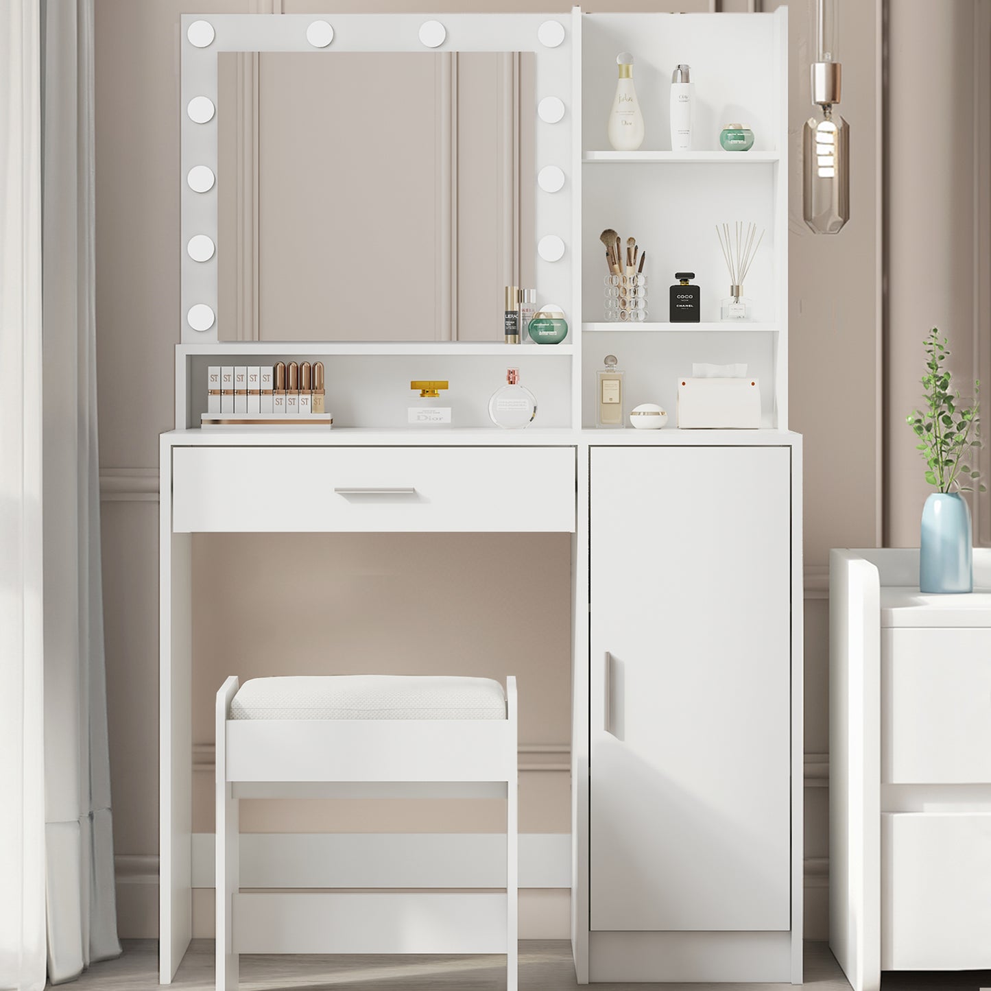 Vanity Set with Sliding Mirror and Lights, Modern Lighted Makeup Vanity Table Set, Vanity Desk with Chair Set for Girls, Dressing Table with Drawers for Bedroom