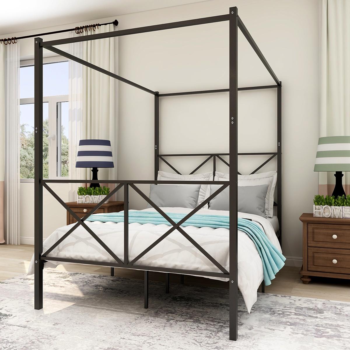 Queen Canopy Bed Frame, BTMWAY Queen Size Metal Platform Bed, Modern Bedroom Furniture Canopy Platform Bed with X Shaped Headboard and Footboard, 600lbs Capacity, No Box Spring Needed, Black