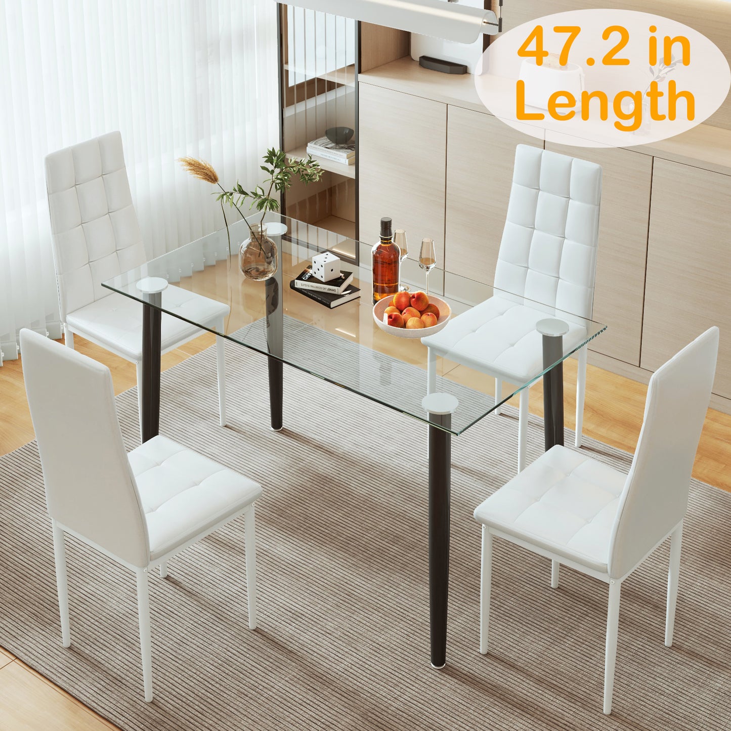 Dining Table Set for 4, Legahome 5 Piece Glass Dining Room Set with 4 Upholstered Chairs, 47in Length Rectangle Kitchen Table and Chairs Set for Breakfast Nook, Dining Room, Black