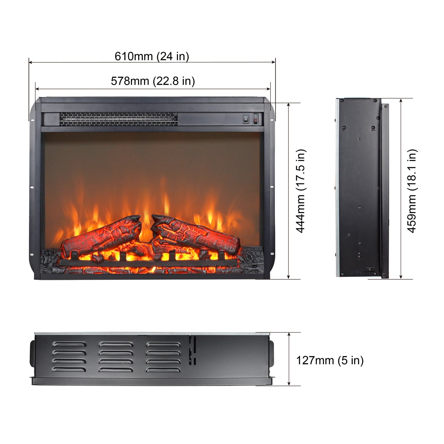 23'' Fireplace Insert Electric Heater, Legahome Wall Recessed Electric Fireplace Heater with Log Set Realistic Flame, Overheating Protection, Low Noise, 1400W, Black