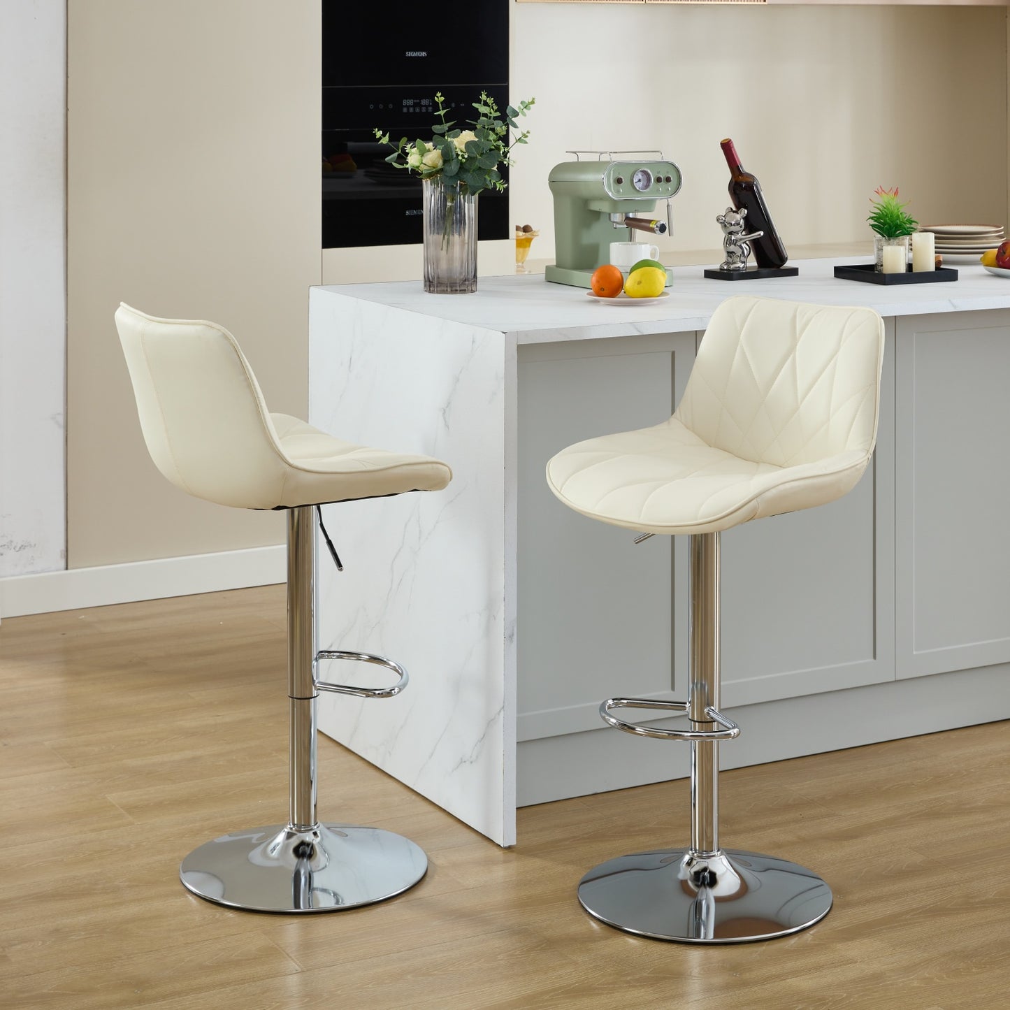 Modern Bar Height Bar Stools Set of 2, Adjustable PU Swivel Bar Chairs with Backrest and Chrome Base, Upholstered Counter Stools for Kitchen Island, Gray