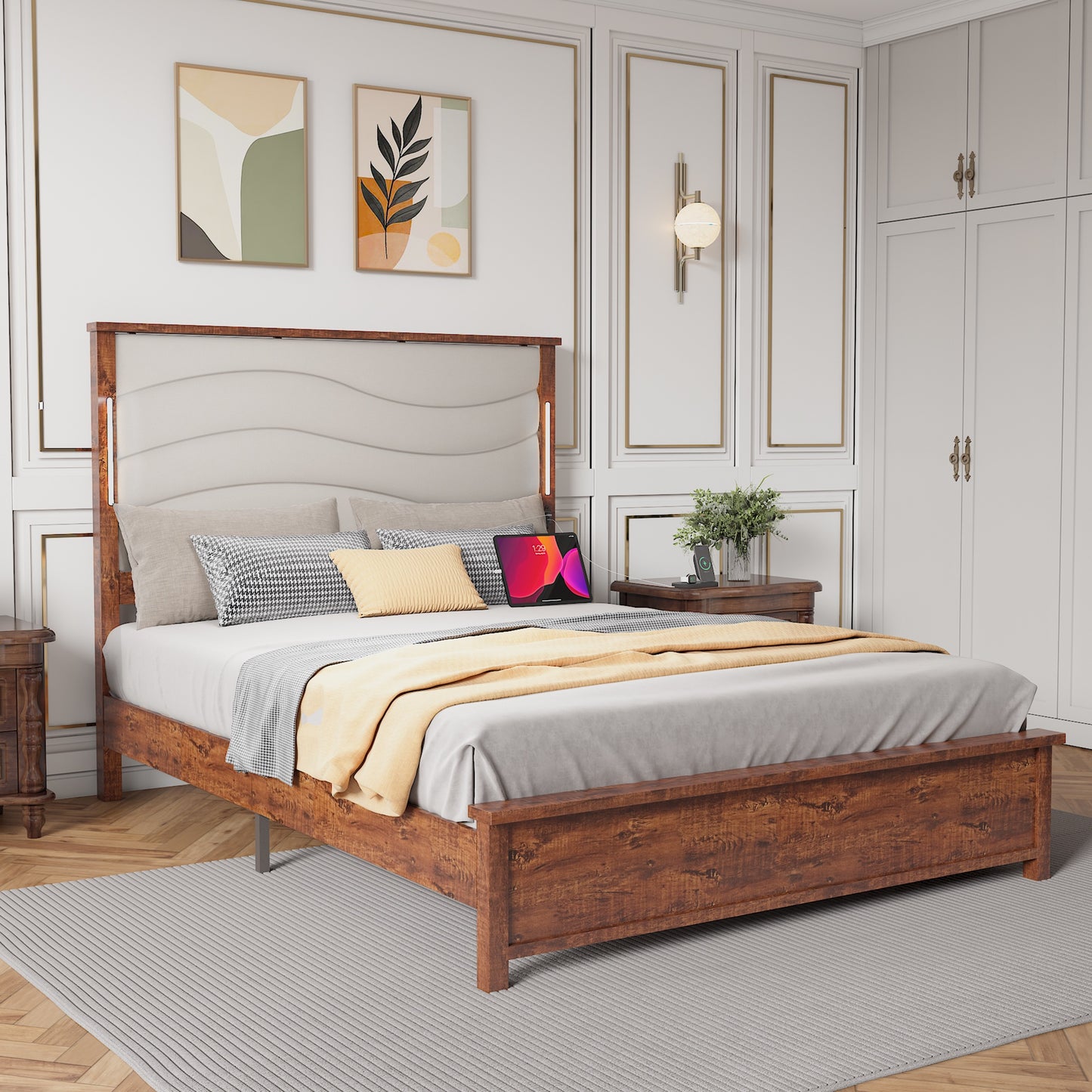 Queen Size Platform Bed Frame with Upholstered Headboard, Wood Modern Queen Bed Frame with Built-in Charging and LED Lights