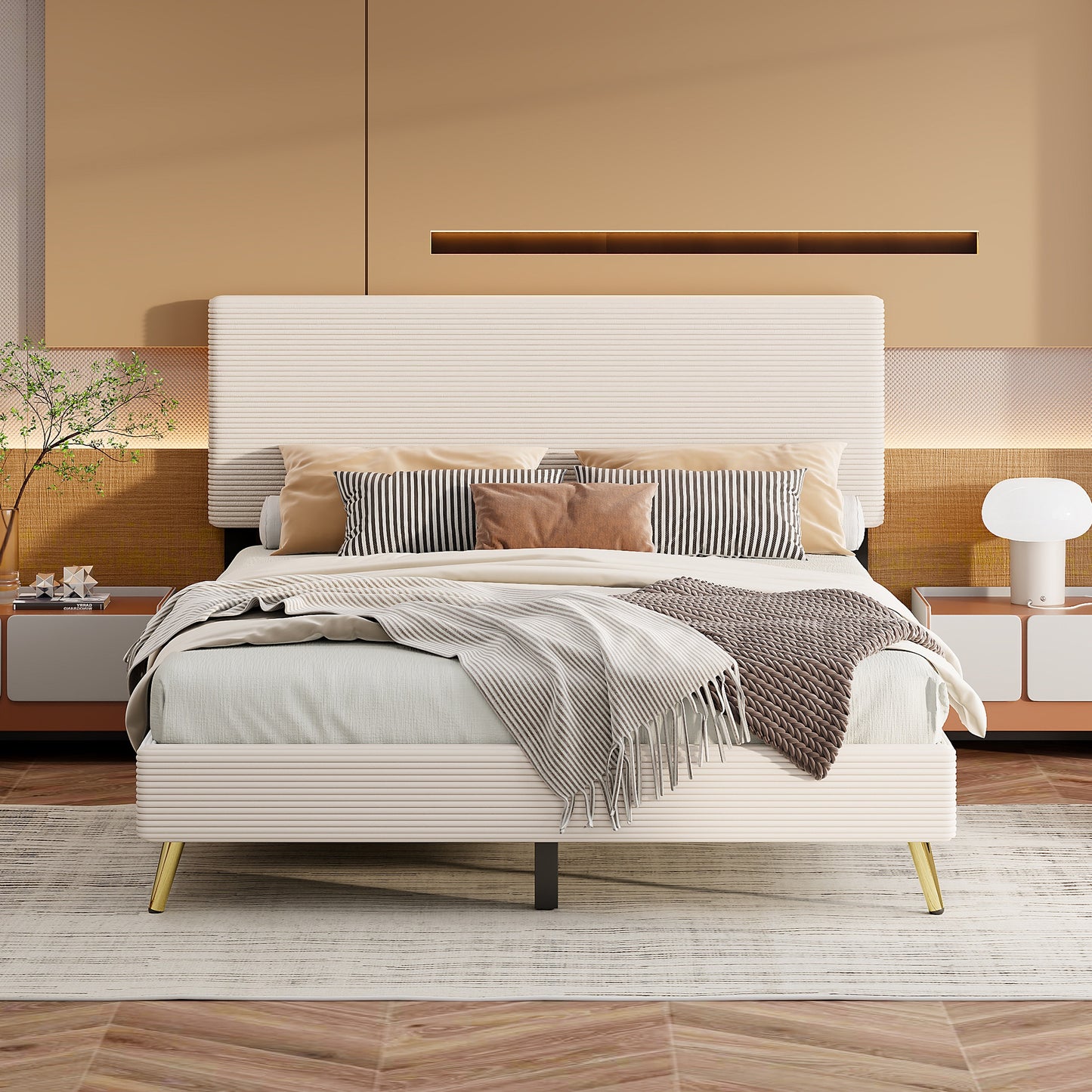 Queen Upholstered Bed Frame, Wood Corduroy Platform Bed with Horizontal Stripe Headboard and Metal Legs, Modern Queen Bed Frame for Teens Adults, Beige