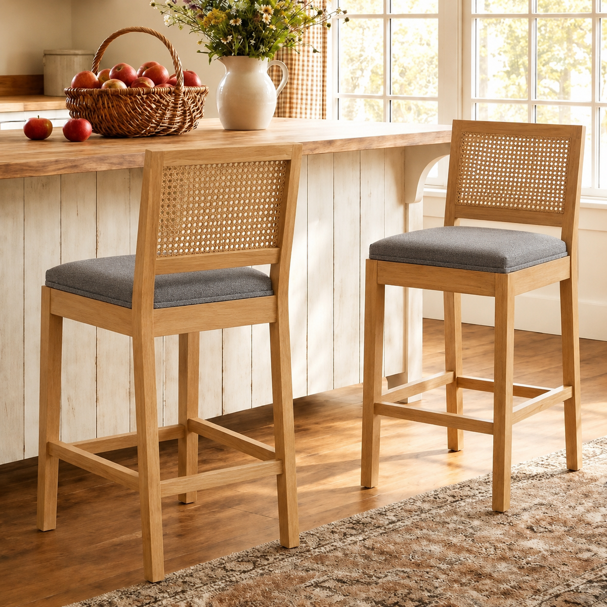 Bar Stools Set of 2, Legahome 28" Bar Height Bar Stool, Farmhouse Linen Upholstered Bar Stool with Rattan-Back, Boho Solid Wood Bar Stools Set for Kitchen Island Dining Room