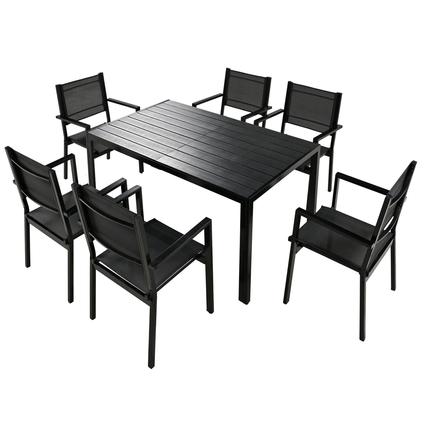 7 Pieces Outdoor Furniture Set, Legahome Modern Outdoor Patio Dining Sets, Patio Dining Furniture Set with 6 Textile Chairs and Dining Table, Patio Conversation Set for Backyard Poolside, Black